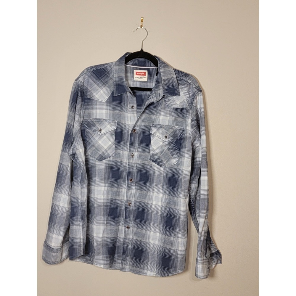 Men's‎ Wrangler  Rancher Blue Plaid Snap Cowboy Western Shirt | Size Large